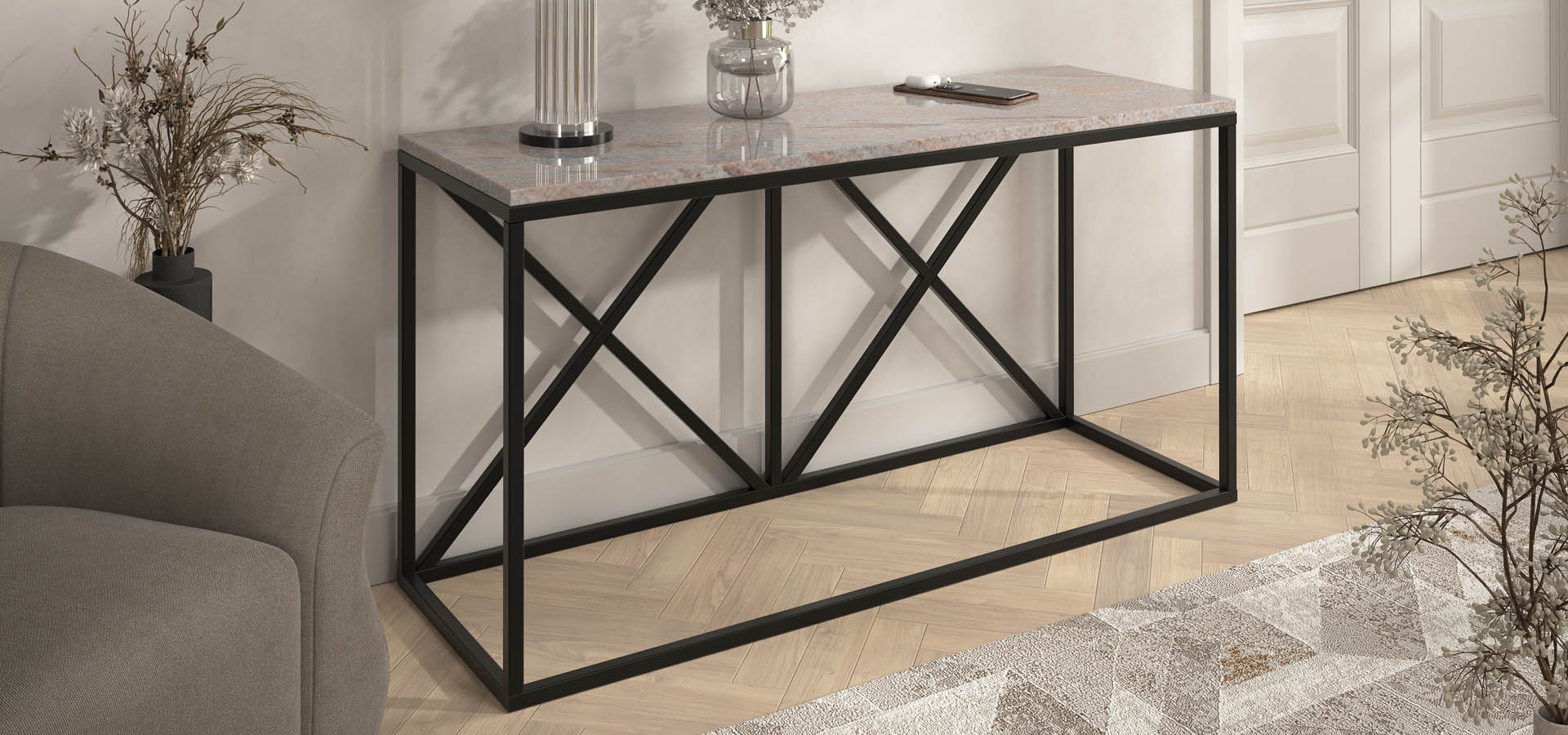nowoczesna konsola, komoda z kamieniem