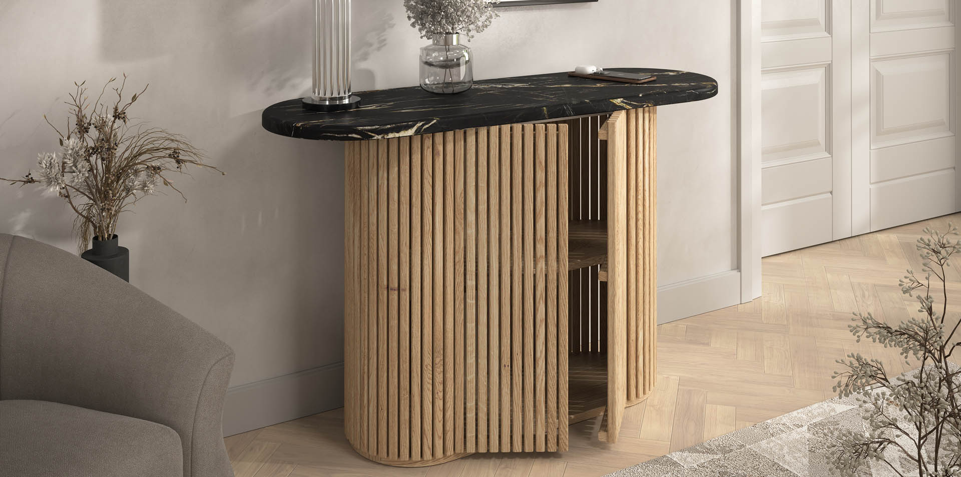 konsola z drewnem, drewniana konsola, toaletka z kamieniem